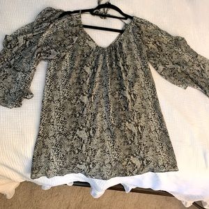 Flowy, cold-shoulder, snakeskin pattern top, size M, $25